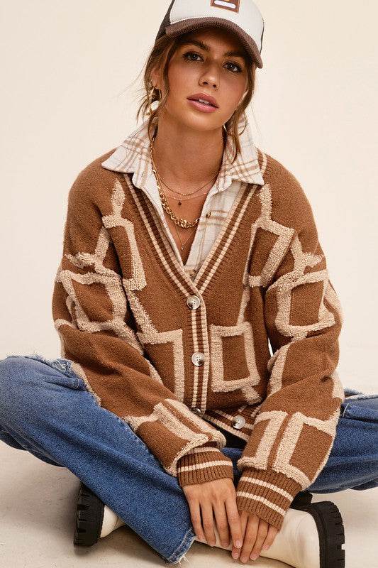 La Miel Reina Casual Oversized V-Neck Long Sleeves Knit Cardigan - Rosa Apparel