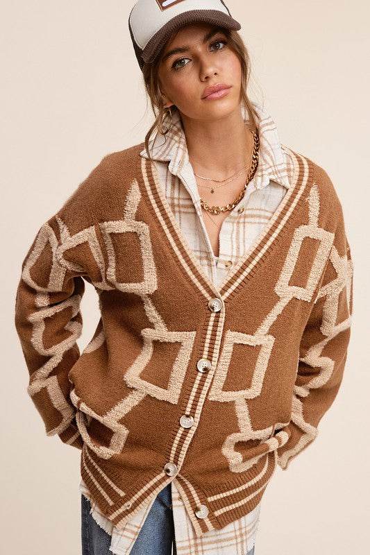 La Miel Reina Casual Oversized V-Neck Long Sleeves Knit Cardigan - Rosa Apparel