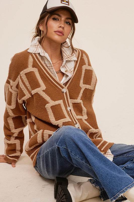 La Miel Reina Casual Oversized V-Neck Long Sleeves Knit Cardigan - Rosa Apparel