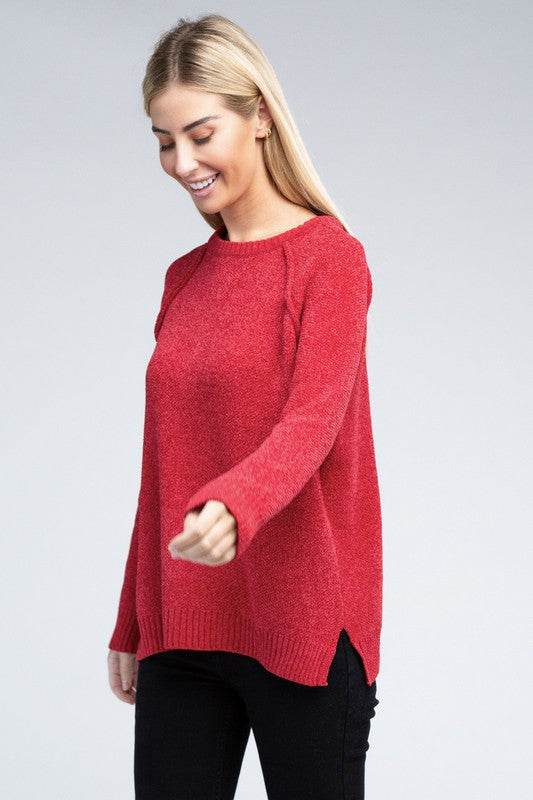 Zenana Raglan Chenille Round Neck Long Sleeves Sweater - Rosa Apparel