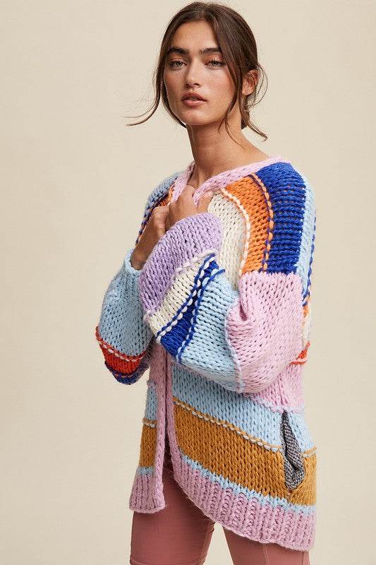 Listicle Hand Knit Multi Striped Cardigan - Rosa Apparel