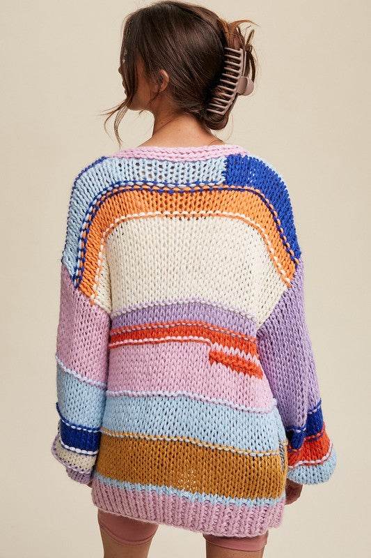 Listicle Hand Knit Multi Striped Cardigan - Rosa Apparel