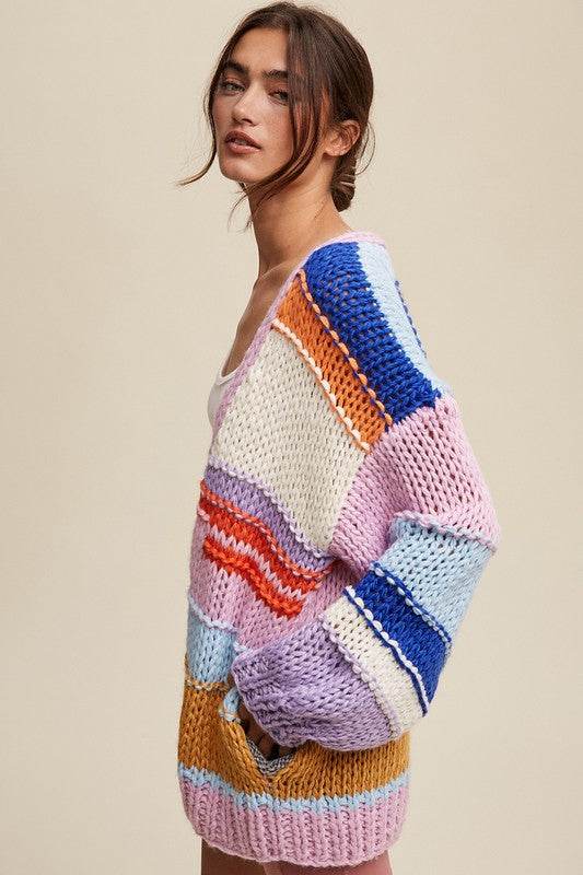 Listicle Hand Knit Multi Striped Cardigan - Rosa Apparel