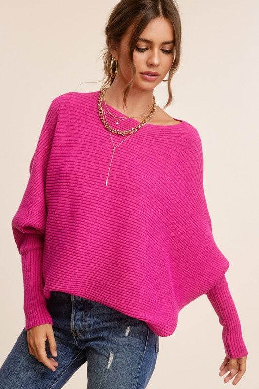La Miel Mae Cozy Ribbed Knit Boat Neck Bubble Sleeves Sweater - Rosa Apparel