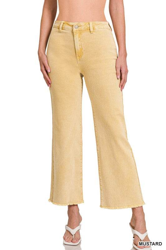 Zenana Acid Wash Frayed Cutoff Hem Straight Wide Jeans Pants - Rosa Apparel