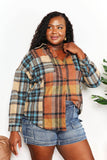 Double Take Plaid Curved Hem Shirt Jacket with Breast Pockets - Rosa Apparel