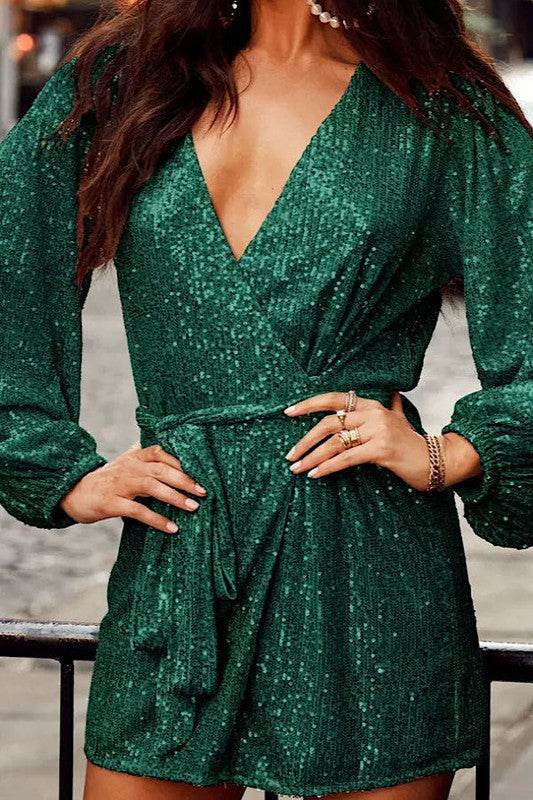 Miss Sparkling Sequin Wrap V-Neck Long Puff Sleeves Mini Dress - Rosa Apparel