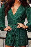 Miss Sparkling Sequin Wrap V-Neck Long Puff Sleeves Mini Dress - Rosa Apparel