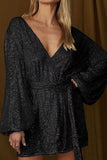 Miss Sparkling Sequin Wrap V-Neck Long Puff Sleeves Mini Dress - Rosa Apparel