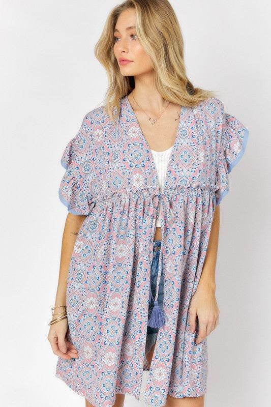 Davi & Dani Printed Short Sleeve Ruffle Kimono - Rosa Apparel