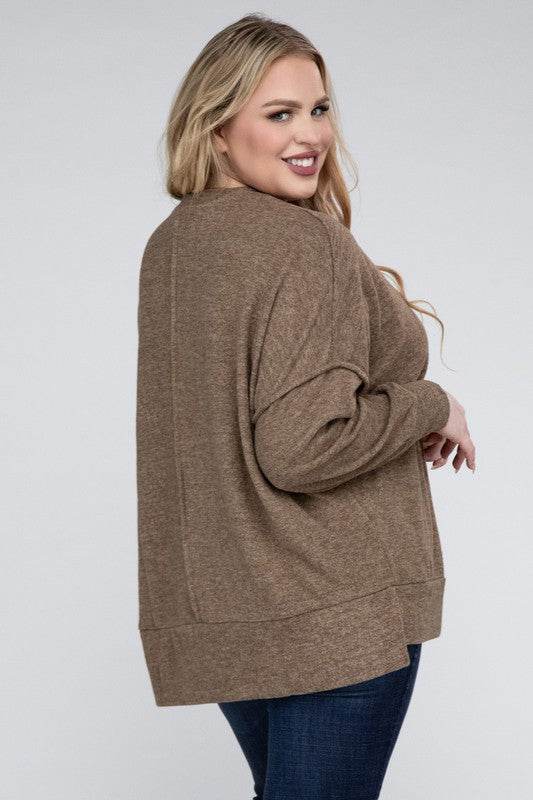 Zenana Plus Brushed Melange Drop Shoulder Sweater - Rosa Apparel