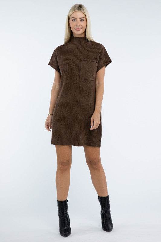 Zenana Mock Neck Short Sleeve Sweater Mini Dress with Pocket - Rosa Apparel