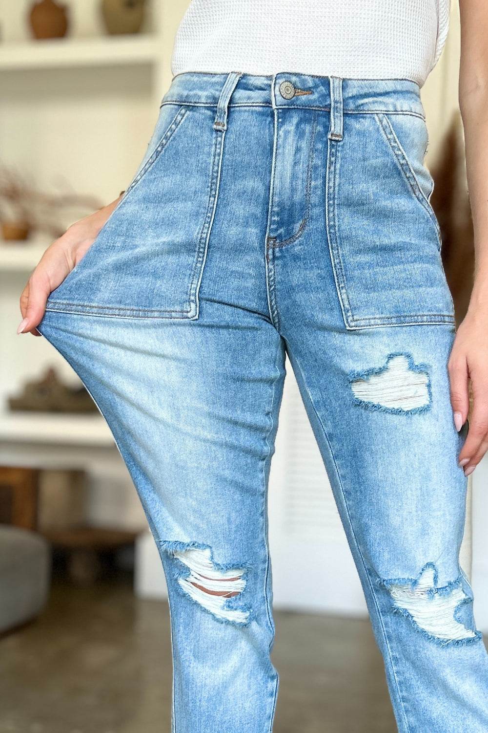 Judy Blue Full Size Distressed Straight Jeans with Patch Pockets - Rosa Apparel