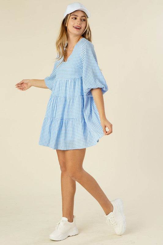 Lilou Gingham Checked Tiered Puff 3/4 Sleeves V-Neck Mini Dress - Rosa Apparel