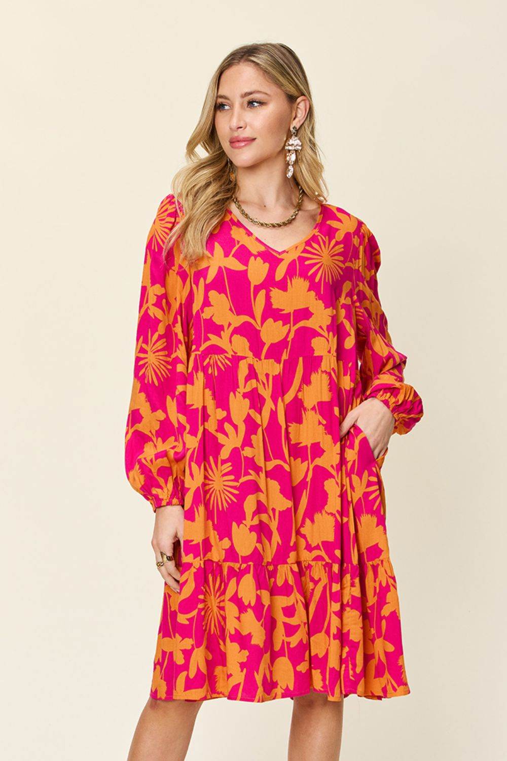 Double Take Full Size Printed Ruffle Hem Long Sleeve Midi Dress - Rosa Apparel