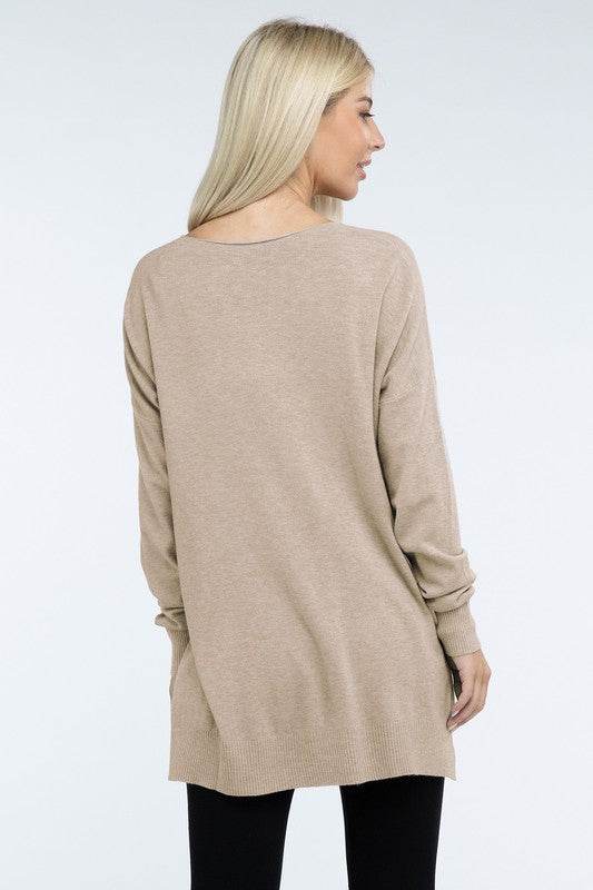 Zenana Hi-Low Hem Front Seam V-Neck Sweater - Rosa Apparel