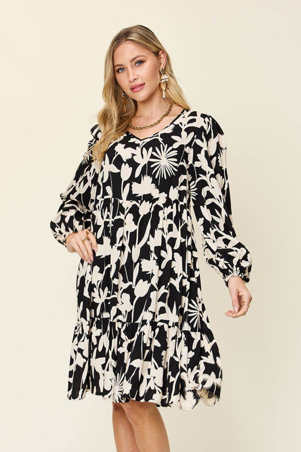 Double Take Full Size Printed Ruffle Hem Long Sleeve Midi Dress - Rosa Apparel