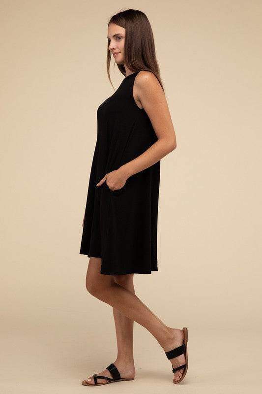 Zenana Sleeveless Flared Dress with Side Pockets - Rosa Apparel