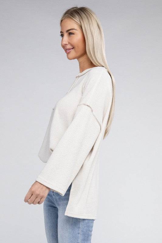 Zenana Ribbed Brushed Melange Hacci Henley Sweater - Rosa Apparel