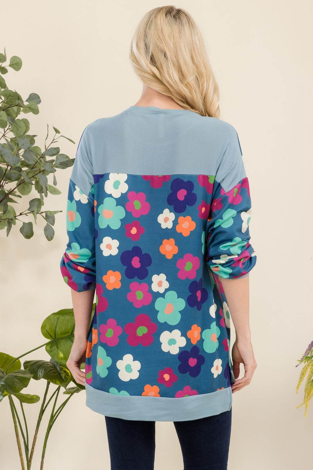 Celeste Full Size Side Slit Flower Print Long Sleeve Top - Rosa Apparel