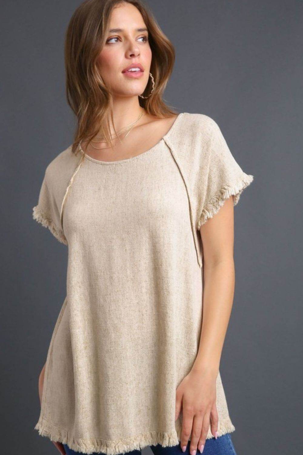 Umgee Full Size Seam Detail Linen Ruffle Fringe Edge Top Plus Size - Rosa Apparel