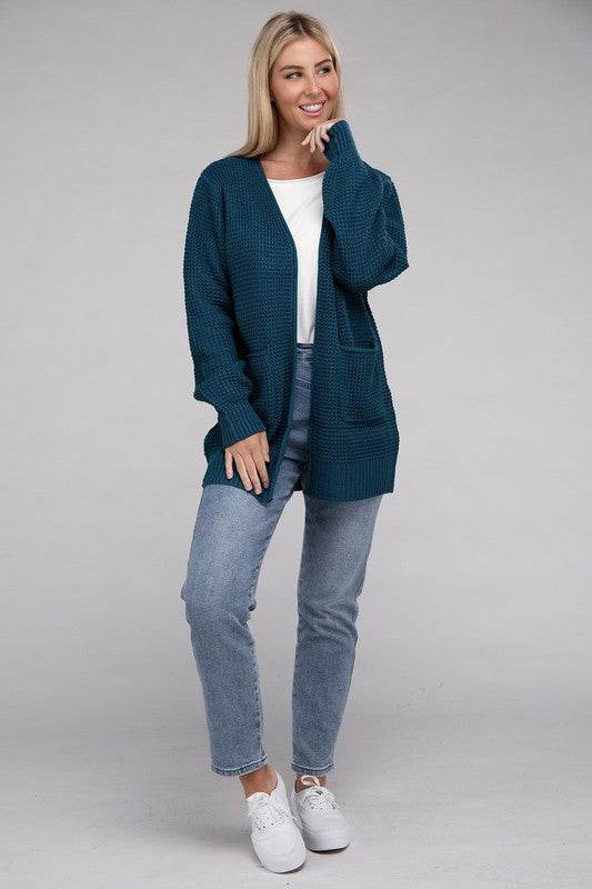 Zenana Low Gauge Waffle Open Cardigan Sweater - Rosa Apparel