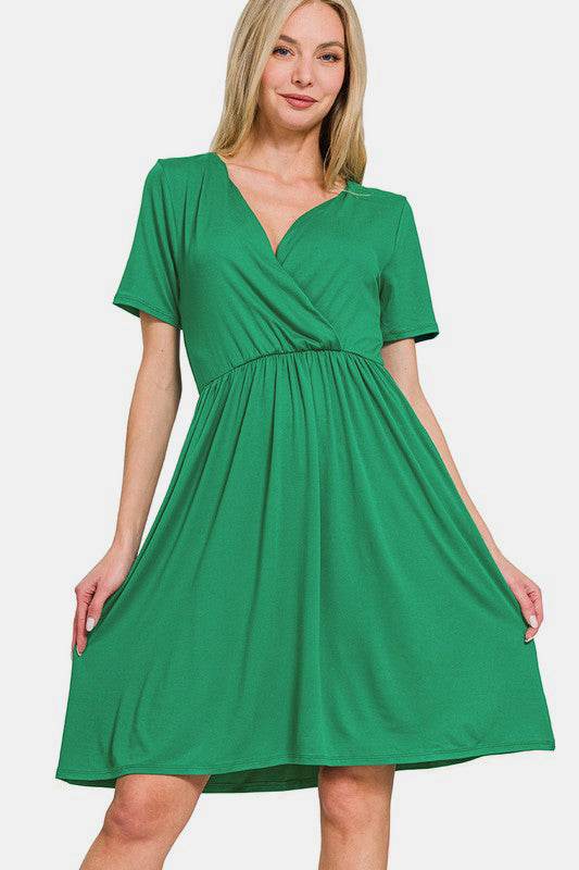 Zenana Surplice Short Sleeve Brushed DTY Dress - Rosa Apparel