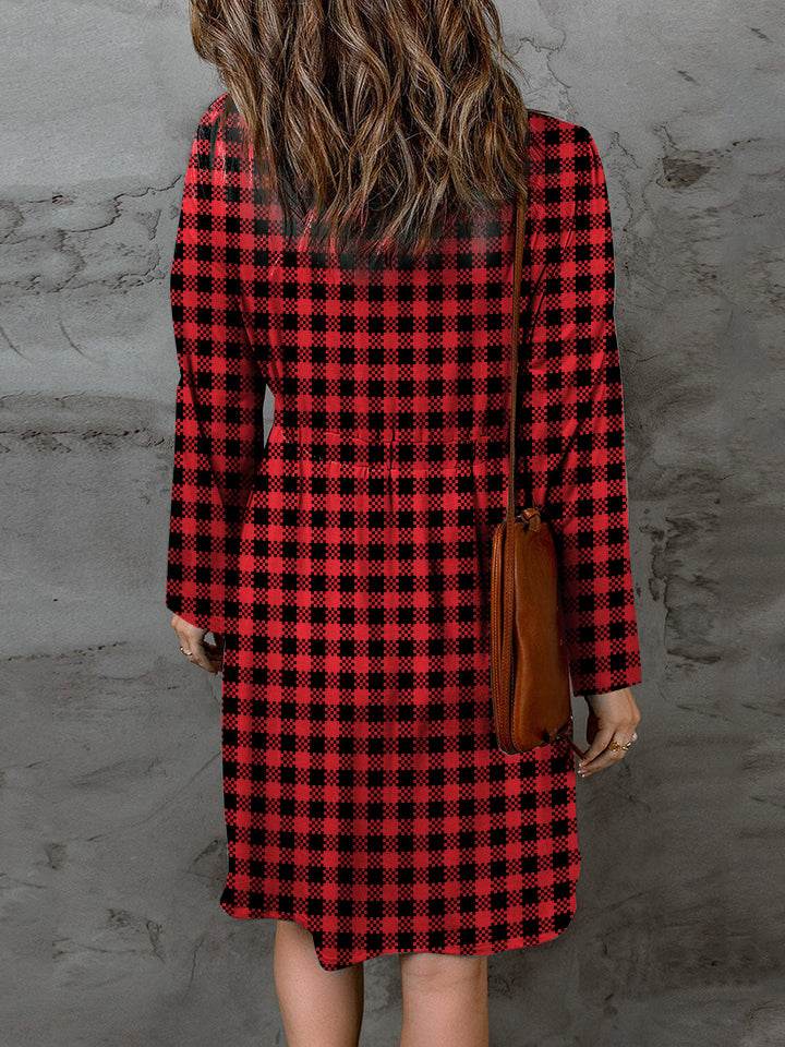 Double Take Full Size Plaid Round Neck Long Sleeve Magic Dress - Rosa Apparel