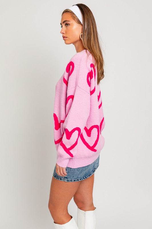 LE LIS Long Sleeve Round Neck Heart Printed Sweater - Rosa Apparel