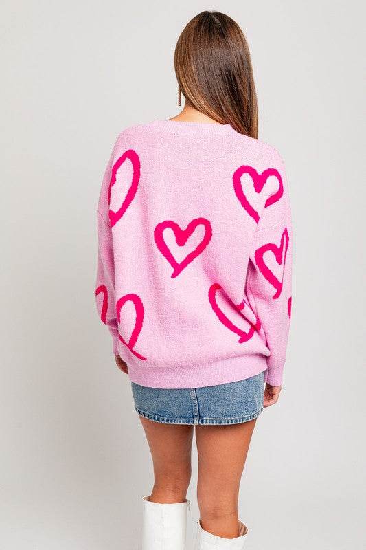 LE LIS Long Sleeve Round Neck Heart Printed Sweater - Rosa Apparel