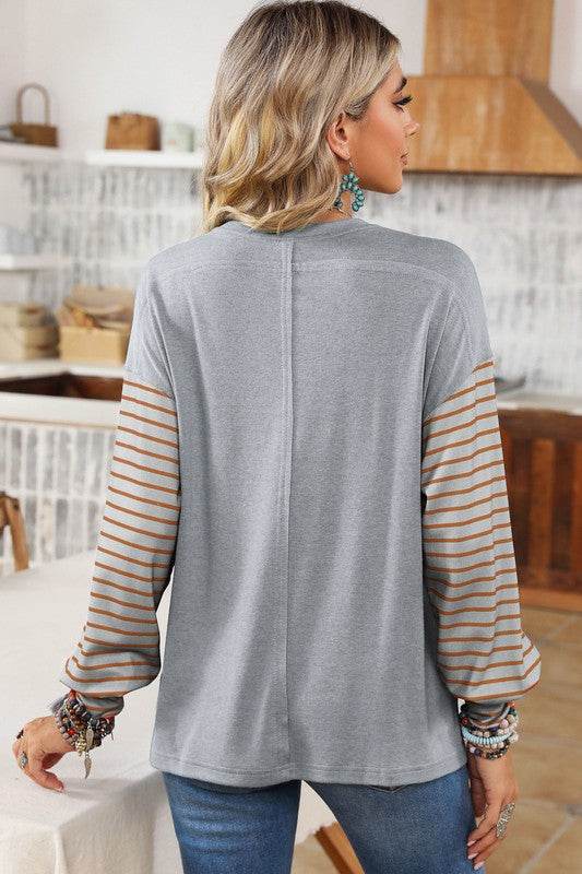 Shewin Colorblock Striped Bishop Sleeve Side Slits Top - Rosa Apparel