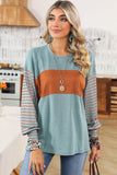 Shewin Colorblock Striped Bishop Sleeve Side Slits Top - Rosa Apparel