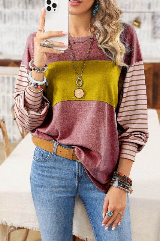 Shewin Colorblock Striped Bishop Sleeve Side Slits Top - Rosa Apparel