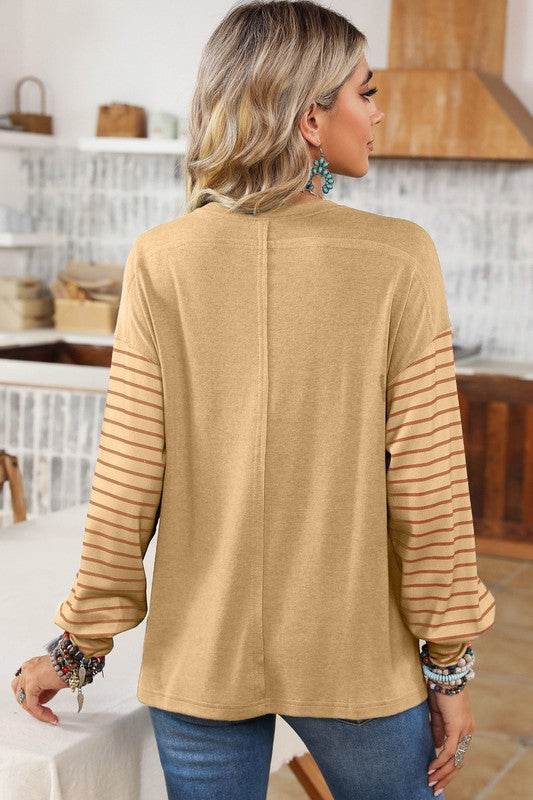 Shewin Colorblock Striped Bishop Sleeve Side Slits Top - Rosa Apparel