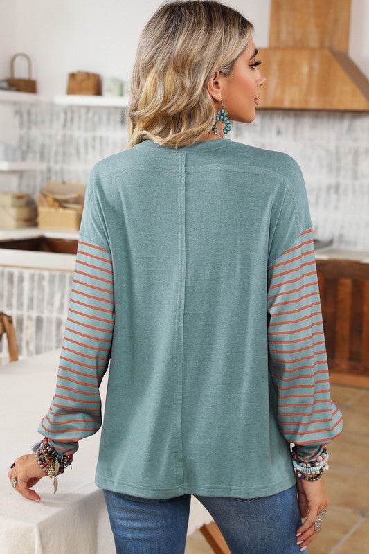 Shewin Colorblock Striped Bishop Sleeve Side Slits Top - Rosa Apparel