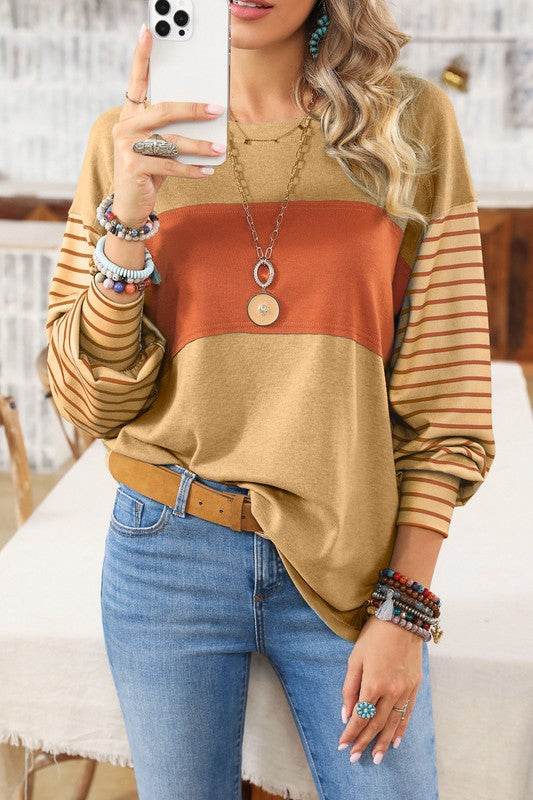 Shewin Colorblock Striped Bishop Sleeve Side Slits Top - Rosa Apparel