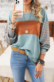 Shewin Colorblock Striped Bishop Sleeve Side Slits Top - Rosa Apparel