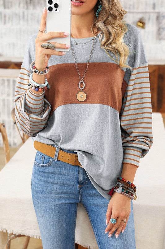 Shewin Colorblock Striped Bishop Sleeve Side Slits Top - Rosa Apparel