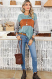Shewin Colorblock Striped Bishop Sleeve Side Slits Top - Rosa Apparel