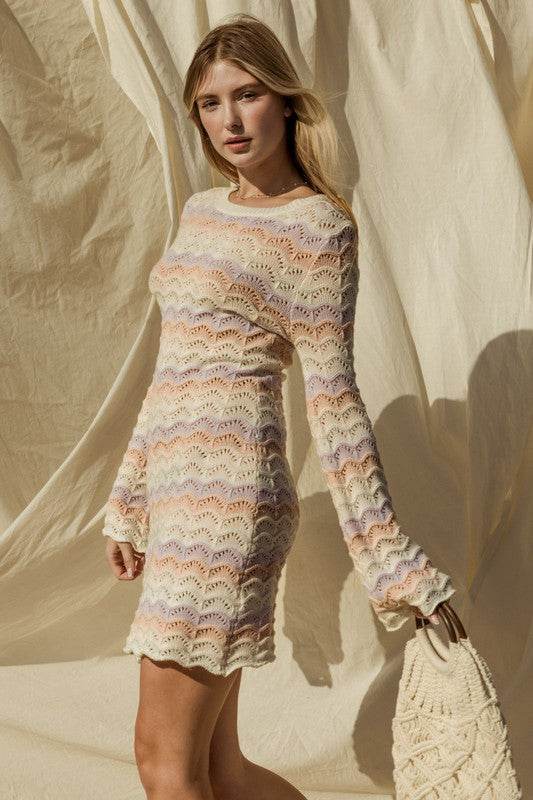 Gilli Round Neck Bell Sleeve Knitted Sweater Mini Dress - Rosa Apparel