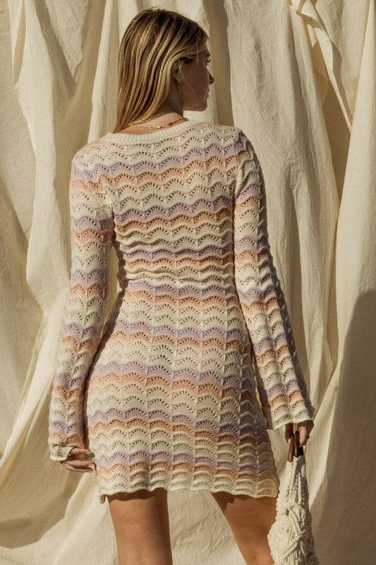Gilli Round Neck Bell Sleeve Knitted Sweater Mini Dress - Rosa Apparel