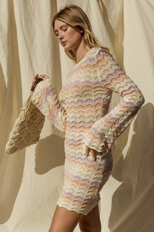 Gilli Round Neck Bell Sleeve Knitted Sweater Mini Dress - Rosa Apparel