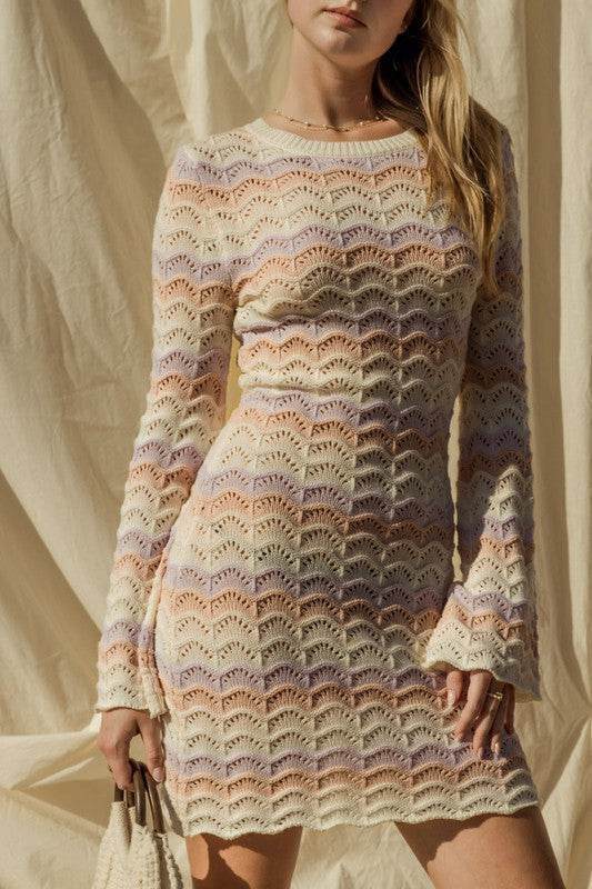 Gilli Round Neck Bell Sleeve Knitted Sweater Mini Dress - Rosa Apparel