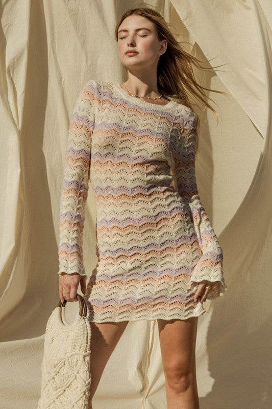 Gilli Round Neck Bell Sleeve Knitted Sweater Mini Dress - Rosa Apparel