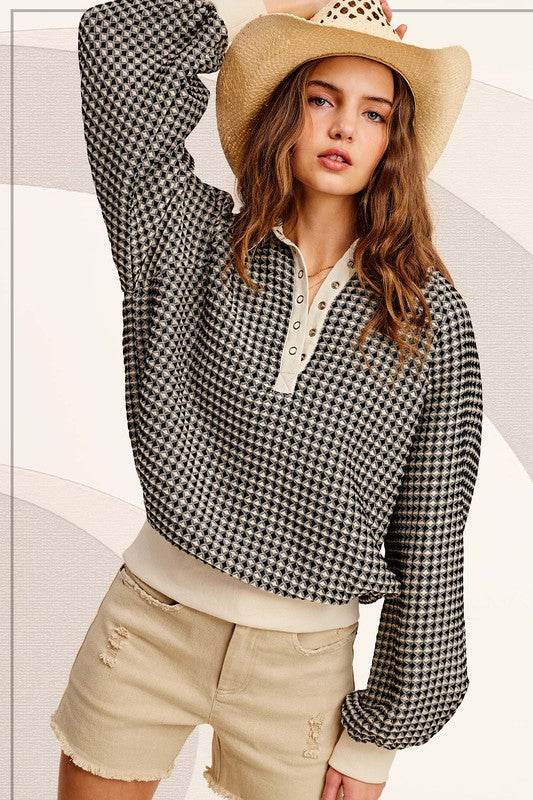 La Miel Oversized Two-Tone Textured Long Sleeve Sweatshirt - Rosa Apparel
