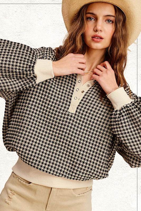 La Miel Oversized Two-Tone Textured Long Sleeve Sweatshirt - Rosa Apparel