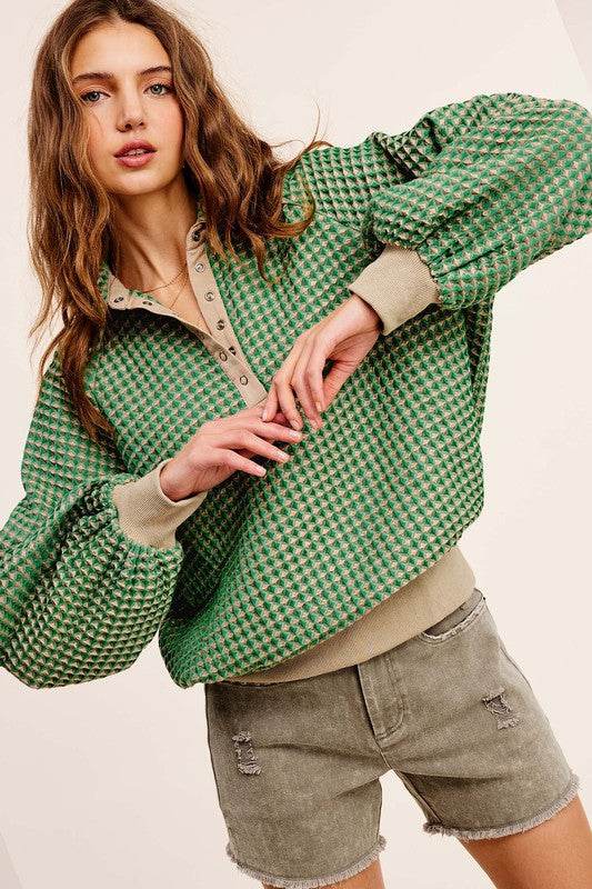 La Miel Oversized Two-Tone Textured Long Sleeve Sweatshirt - Rosa Apparel