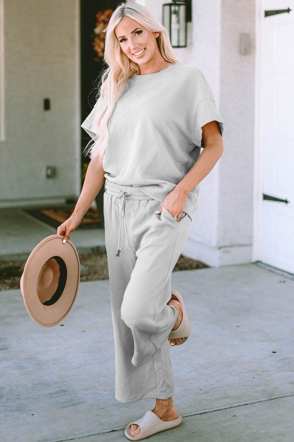 Double Take Full Size Texture Short Sleeve Top and Pants Set - Rosa Apparel