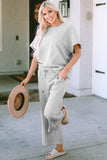 Double Take Full Size Texture Short Sleeve Top and Pants Set - Rosa Apparel