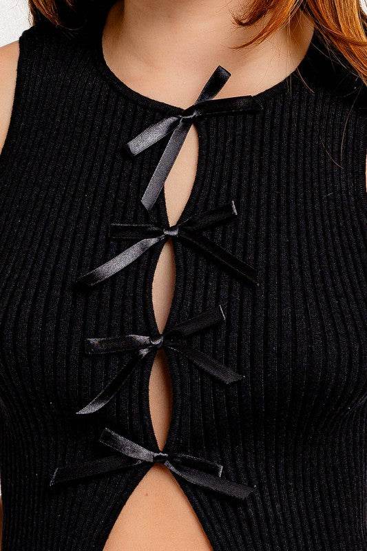LE LIS Satin Bow Detail Round Neck Sleeveless Sweater Top - Rosa Apparel